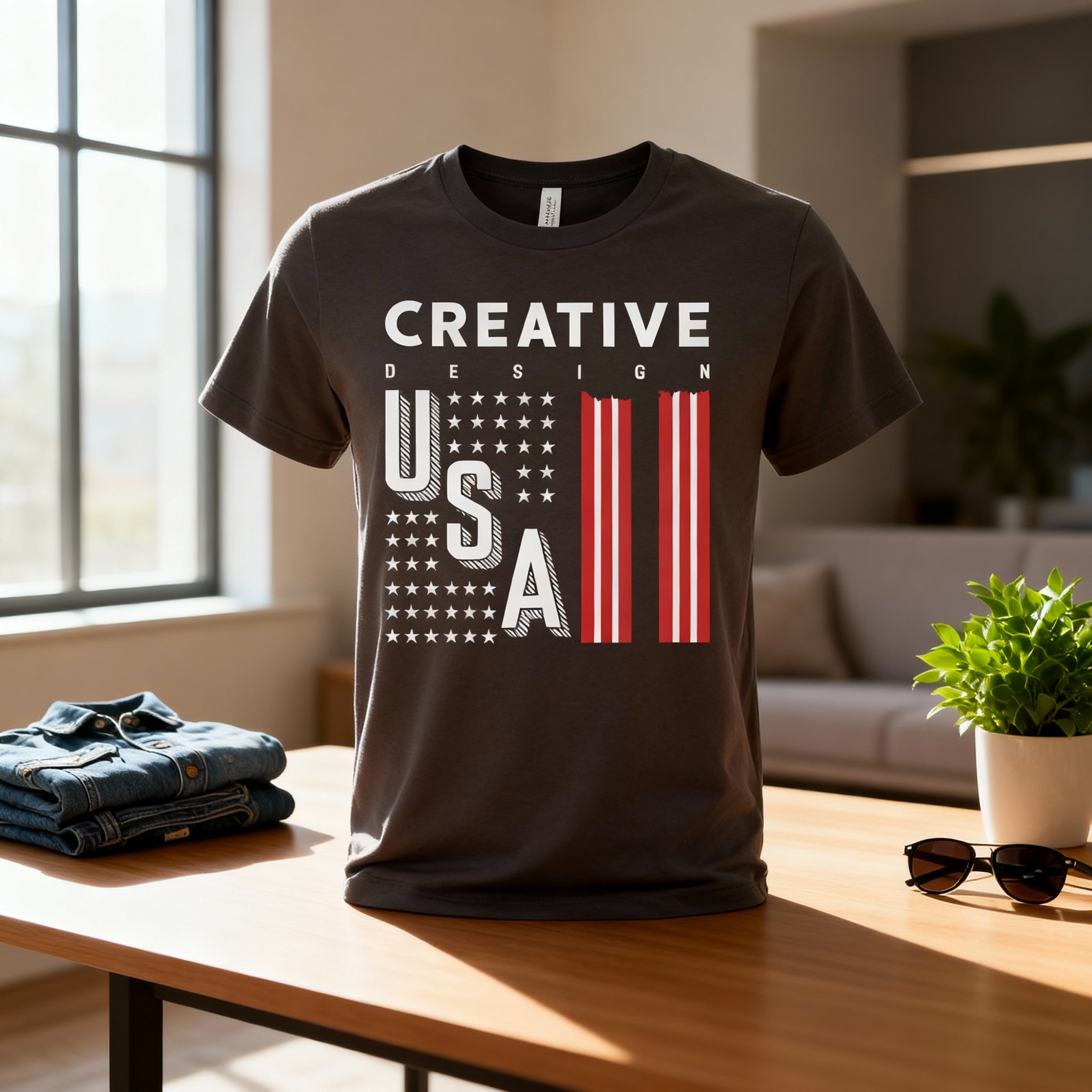 Unisex Graphic Tee With USA Flag Stripes Design And Creative Typography For Everyday Wear