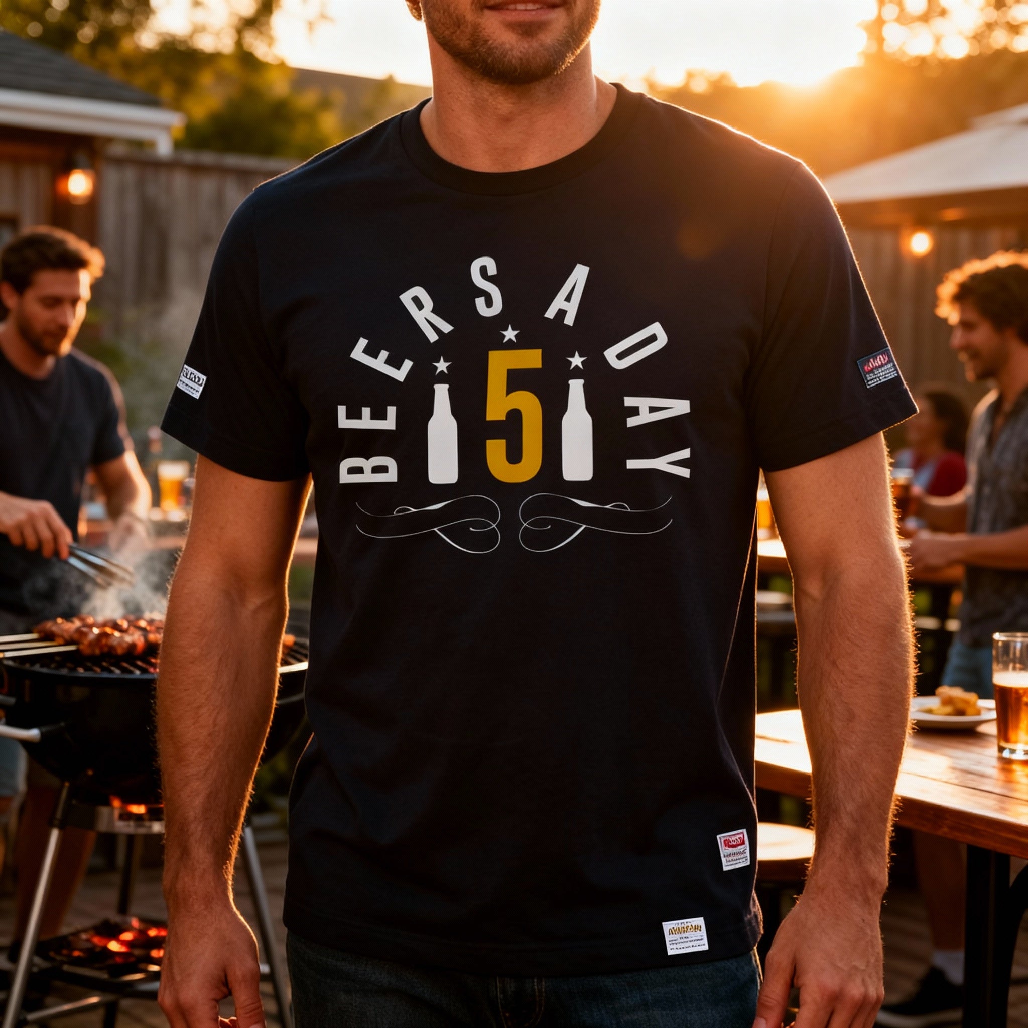 Five Beer Day Graphic Unisex T Shirt With Bottle Silhouettes And Decorative Swirls