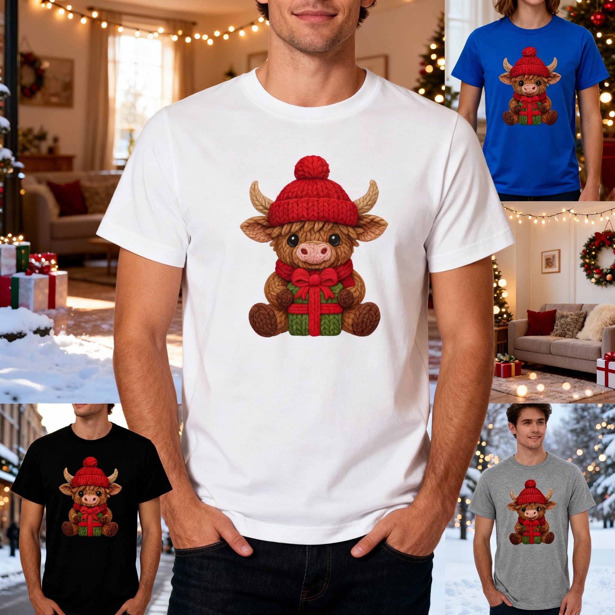 Christmas Knit Cow Calf With Red Hat And Gift Graphic T Shirt For Men And Women Unisex Cotton Tee