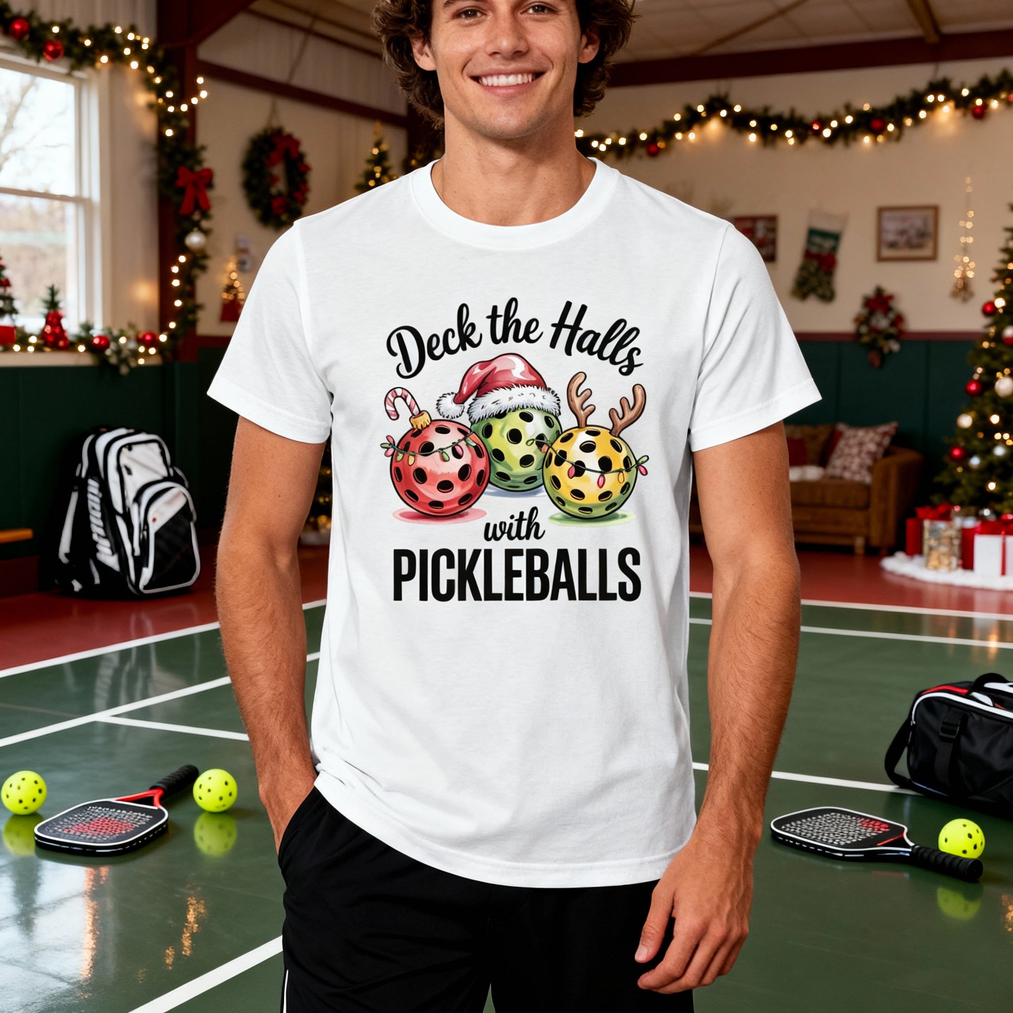 Deck The Halls With Pickleballs Unisex Christmas Graphic T Shirt For The Holidays