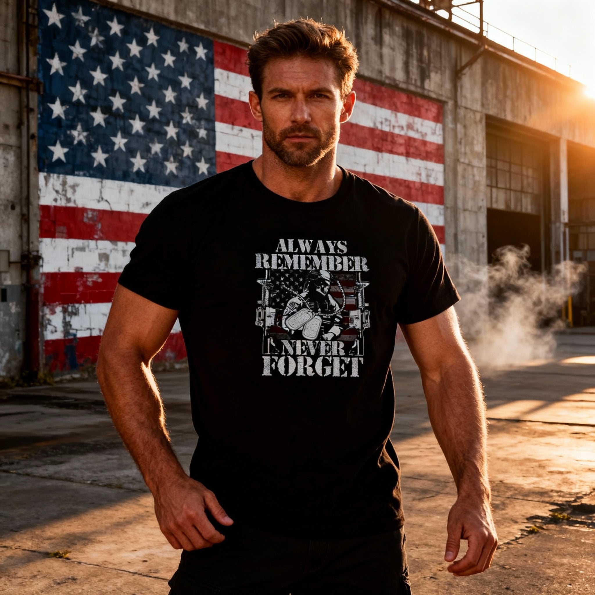 Always Remember Never Forget Veteran Graphic T Shirt Featuring Soldier With American Flag Emblem