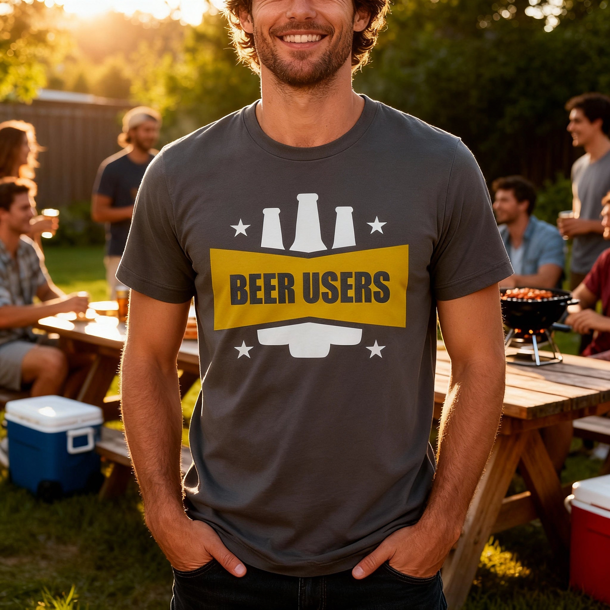 Beer Users Graphic Unisex Tee With Bold Yellow Banner And Beer Bottle Silhouette Artwork