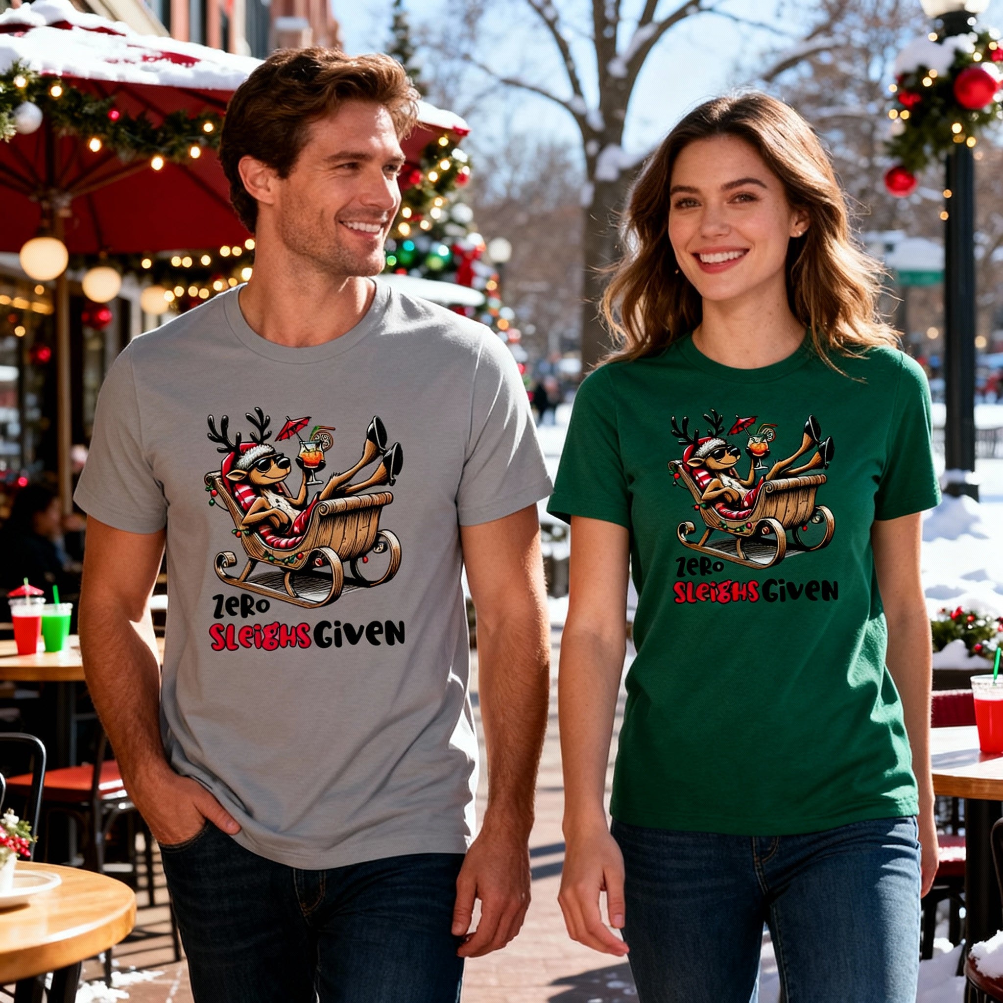 Unisex Christmas T Shirt Featuring Zero Sleighs Given Cartoon Reindeer Relaxing in a Sleigh