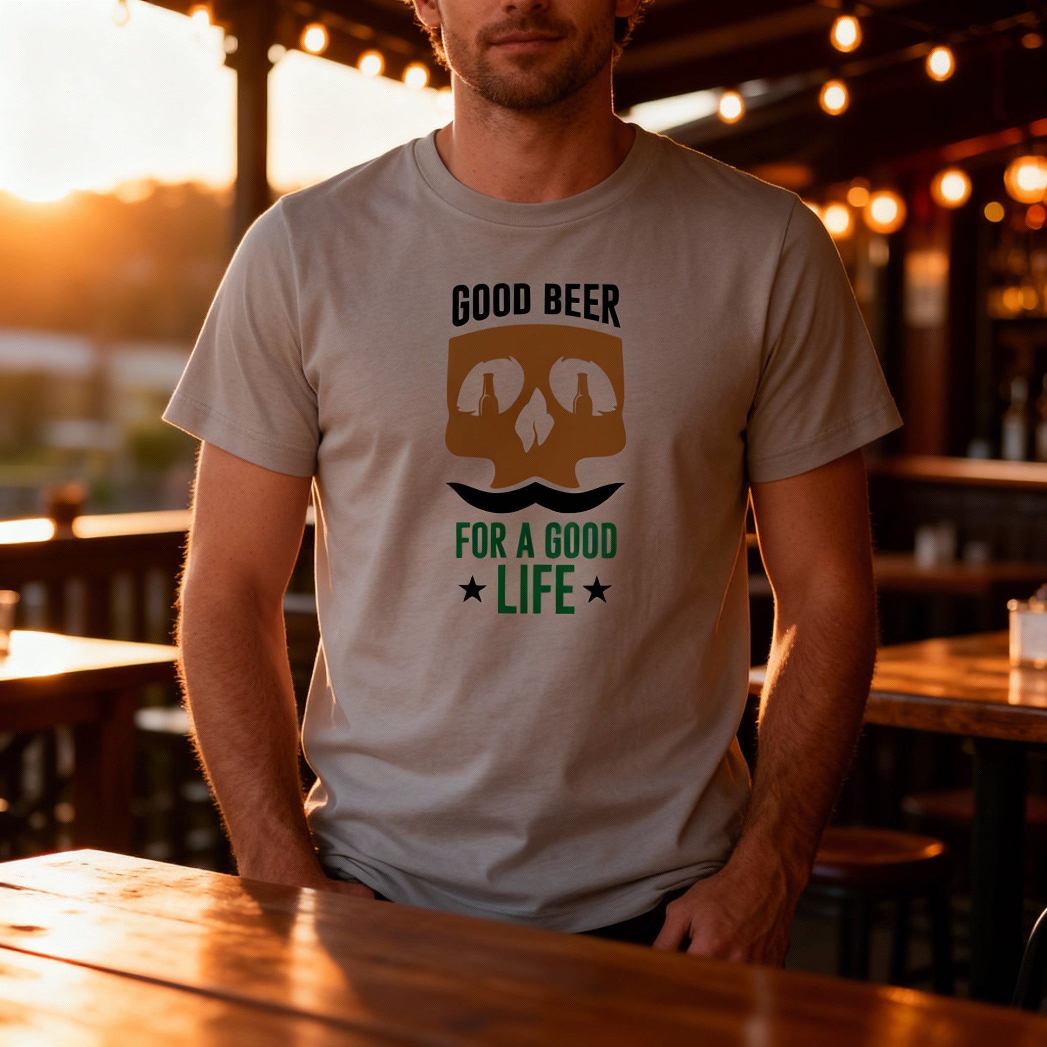 Unisex Beer Graphic T Shirt With Skull Bottle Eyes And Mustache And The Slogan Good Beer For A Good Life