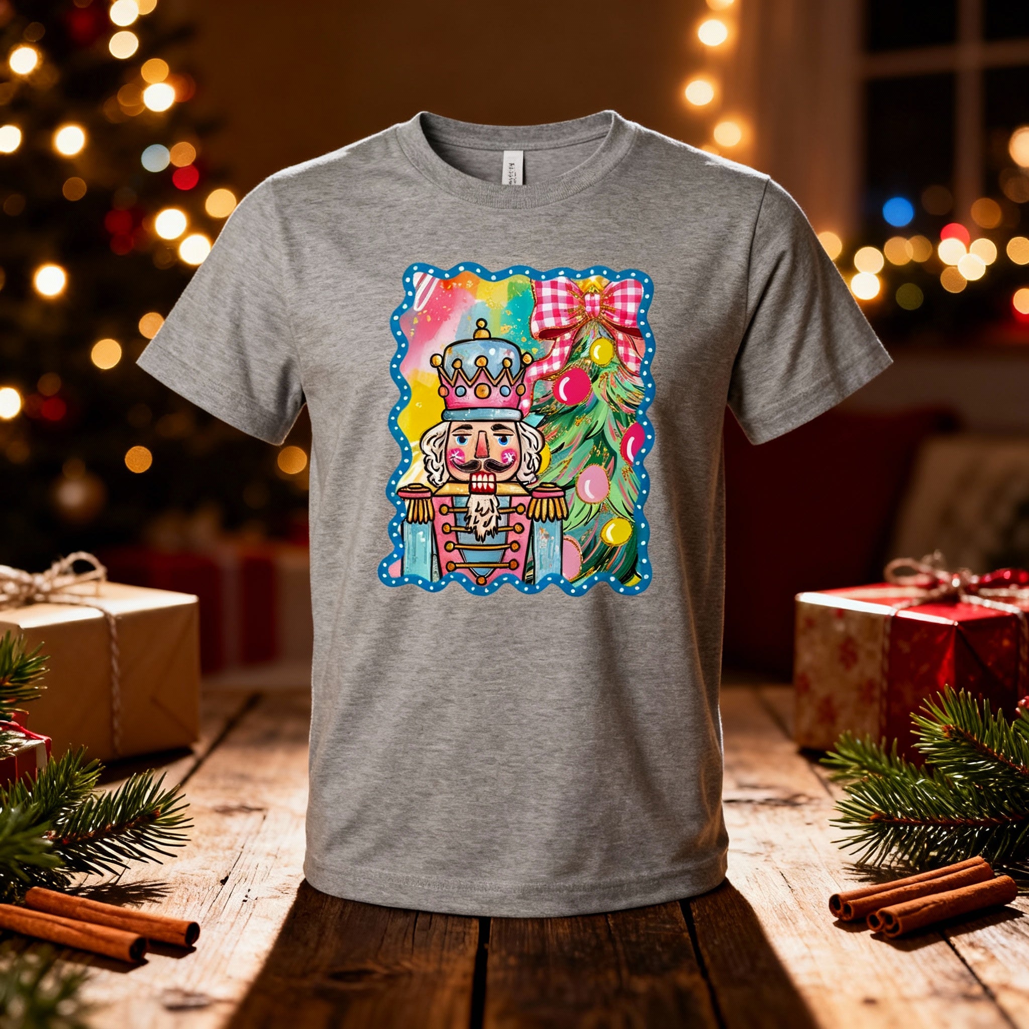 Colorful Unisex Nutcracker And Christmas Tree Graphic T Shirt For Holiday Festive Wear