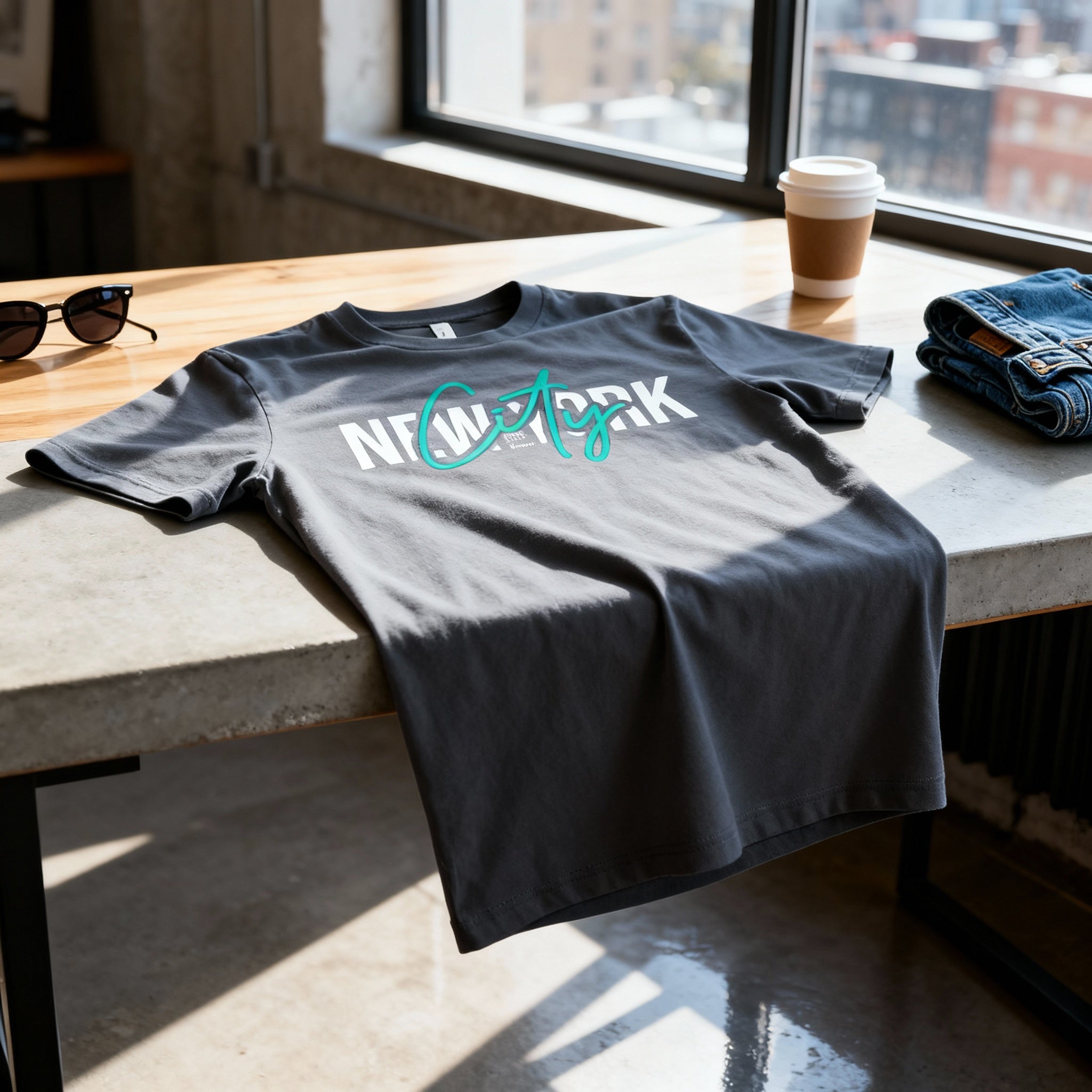 New York City Graphic Tee With Teal Script City Overlay For Modern Urban Style Edition