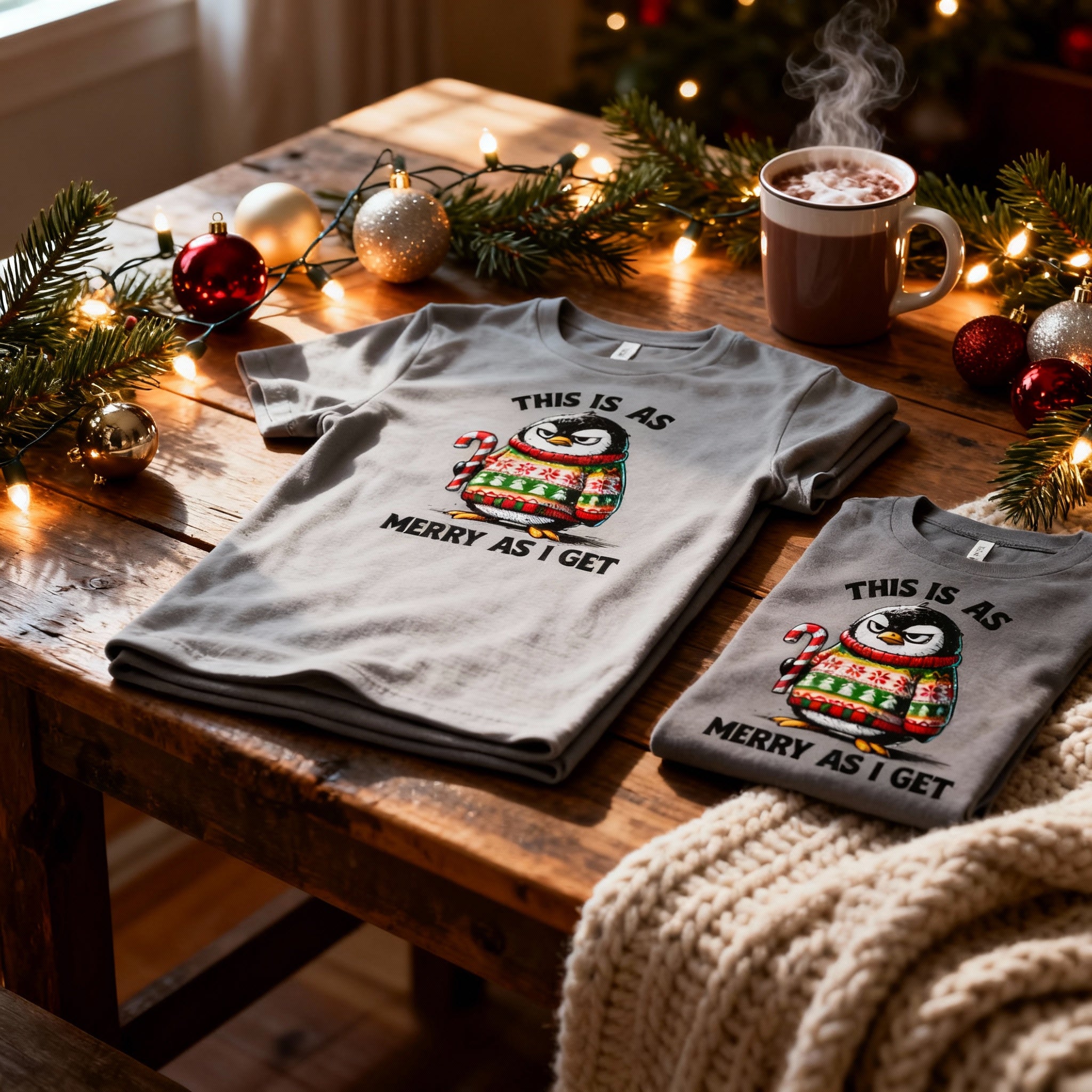 Unisex Christmas T Shirt Featuring A Grumpy Penguin In A Festive Sweater With This Is As Merry As I Get Graphic Print