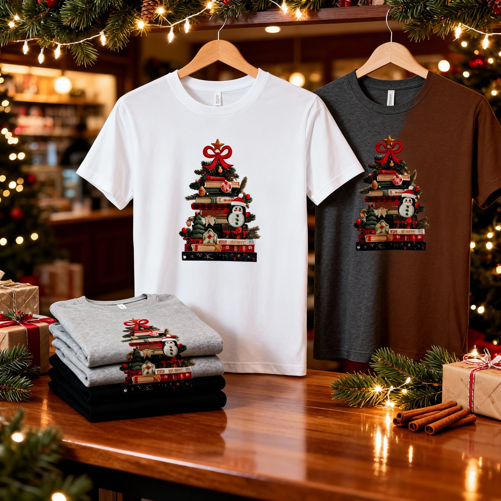 Unisex Christmas T Shirt With Book Tree Design And Snowman Ornament Graphic Tee For Holidays