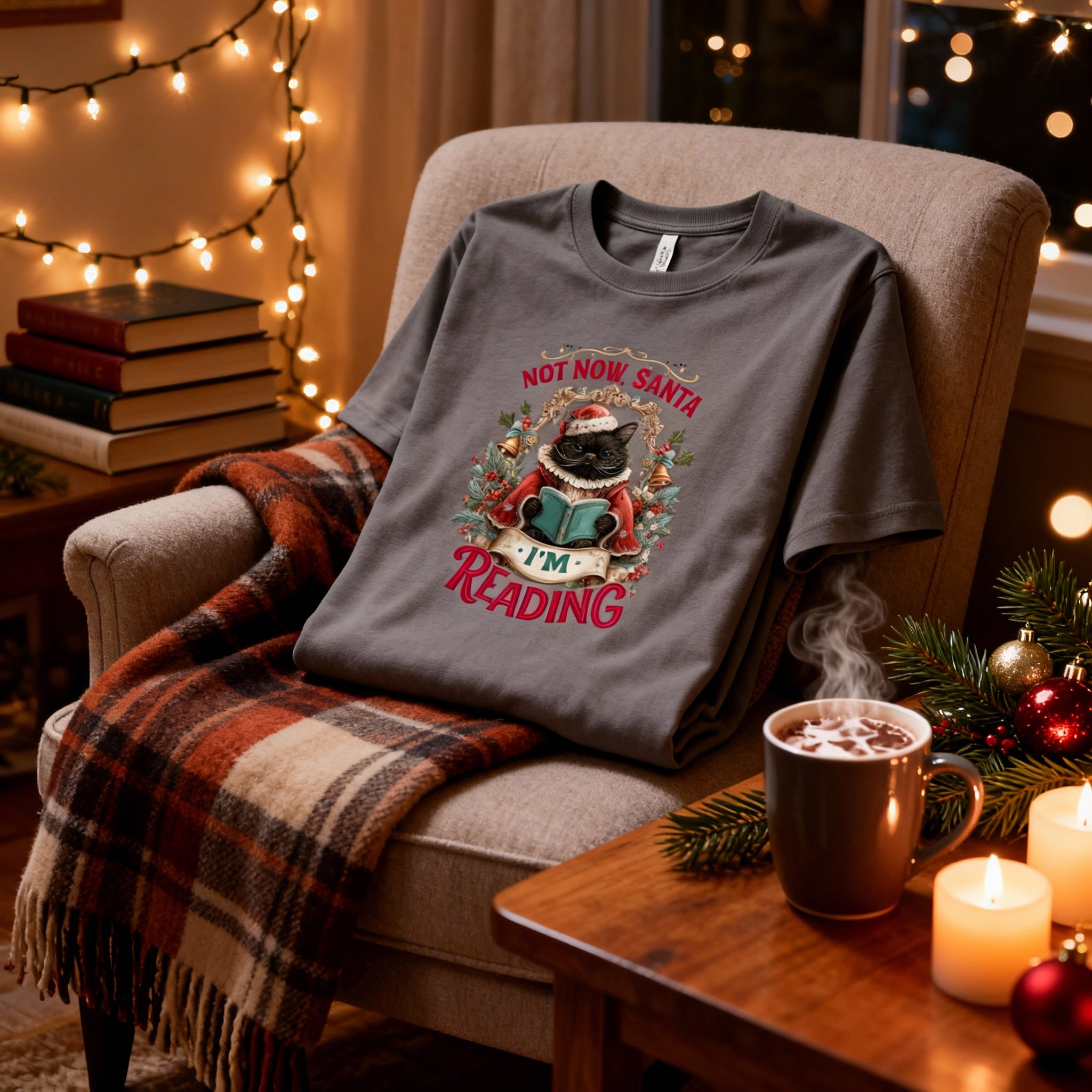 Not Now Santa I'm Reading Cat Christmas T Shirt Adorable Festive Graphic Tee for Cat Lovers
