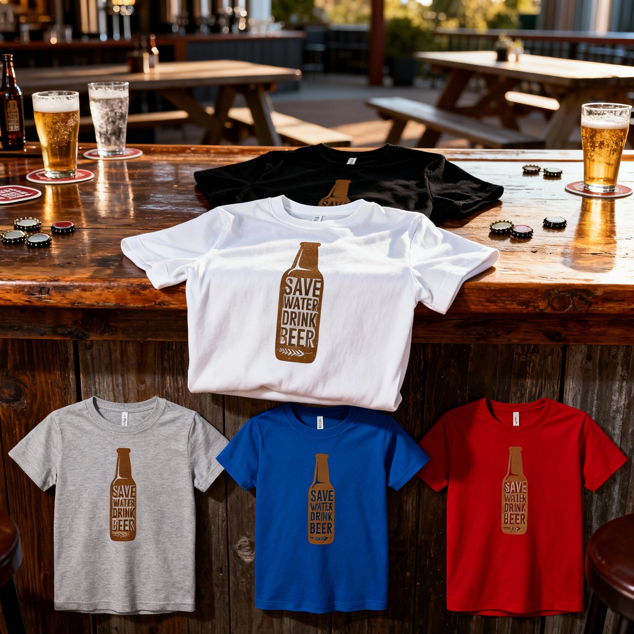 Unisex Beer Bottle T Shirt With Save Water Drink Beer Vertical Logo Print On Front