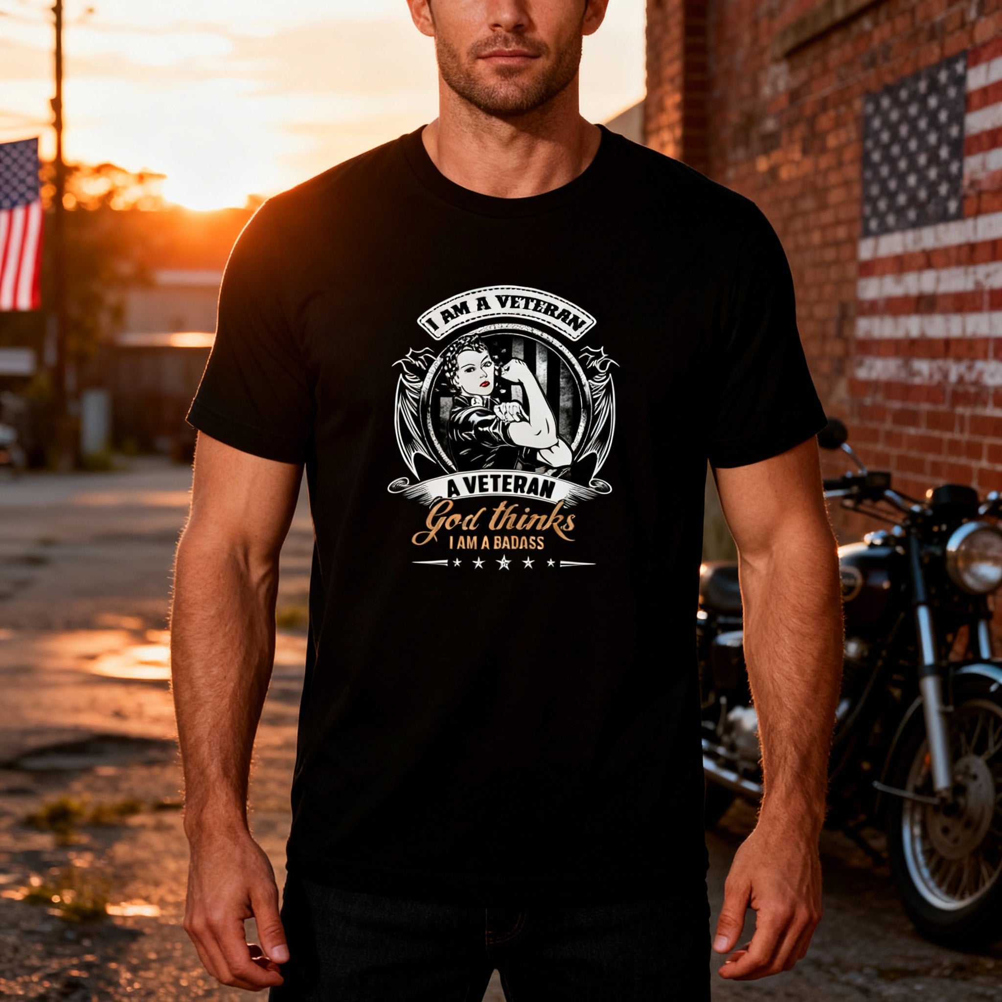 Unisex Veteran Graphic Tee I Am A Veteran God Thinks I Am A Badass With Patriotic Badge Illustration