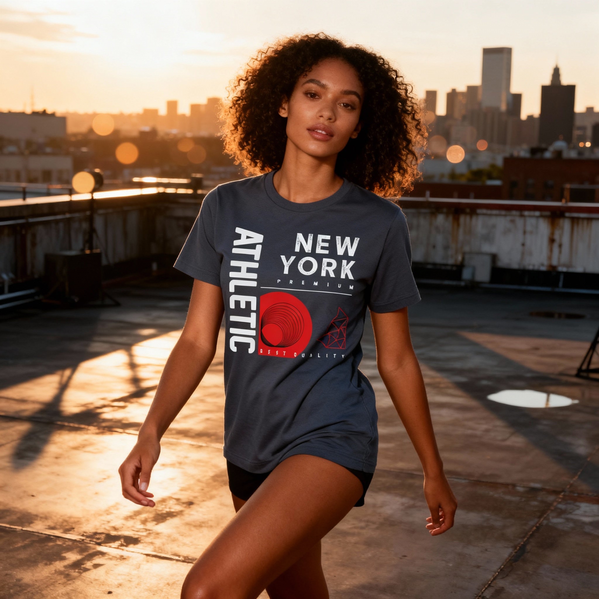 Urban New York Premium Graphic Unisex T Shirt With Red Concentric Circle And Geometric Shapes