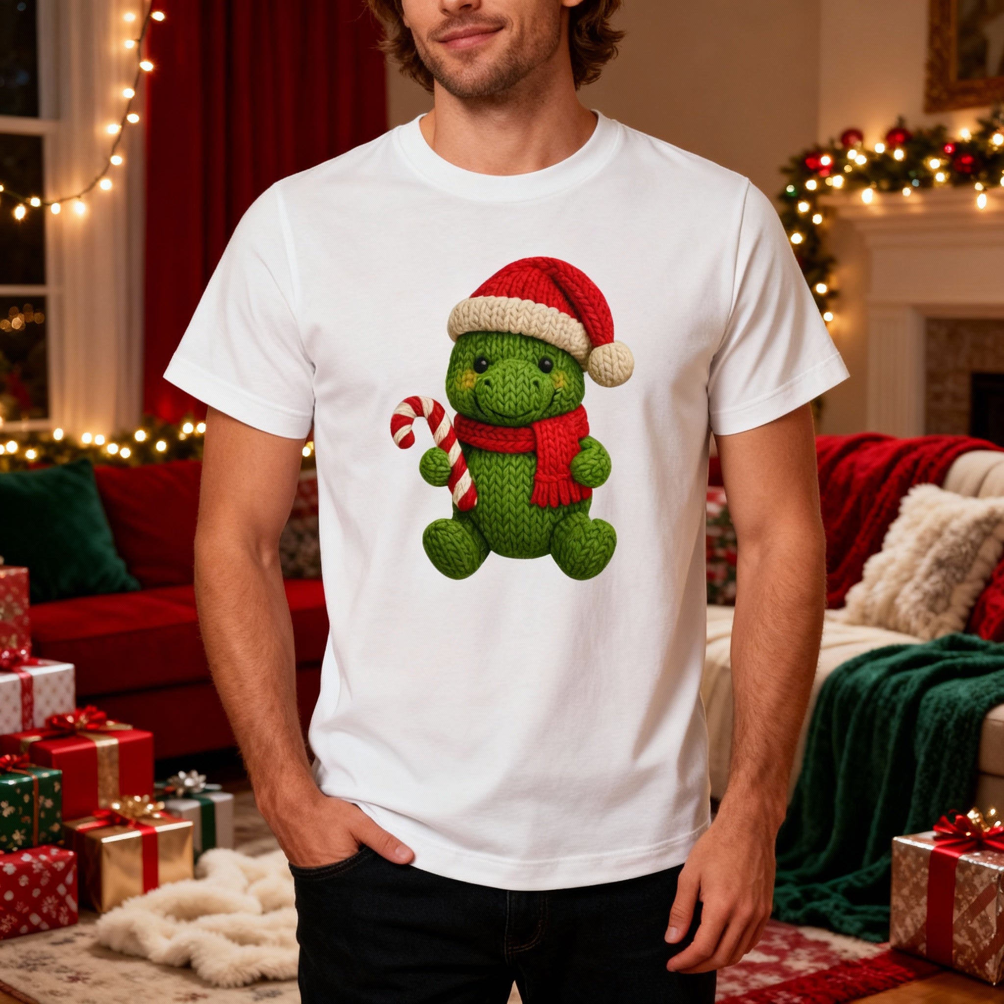 Green Knit Turtle Christmas T Shirt With Santa Hat And Candy Cane Design For Holiday