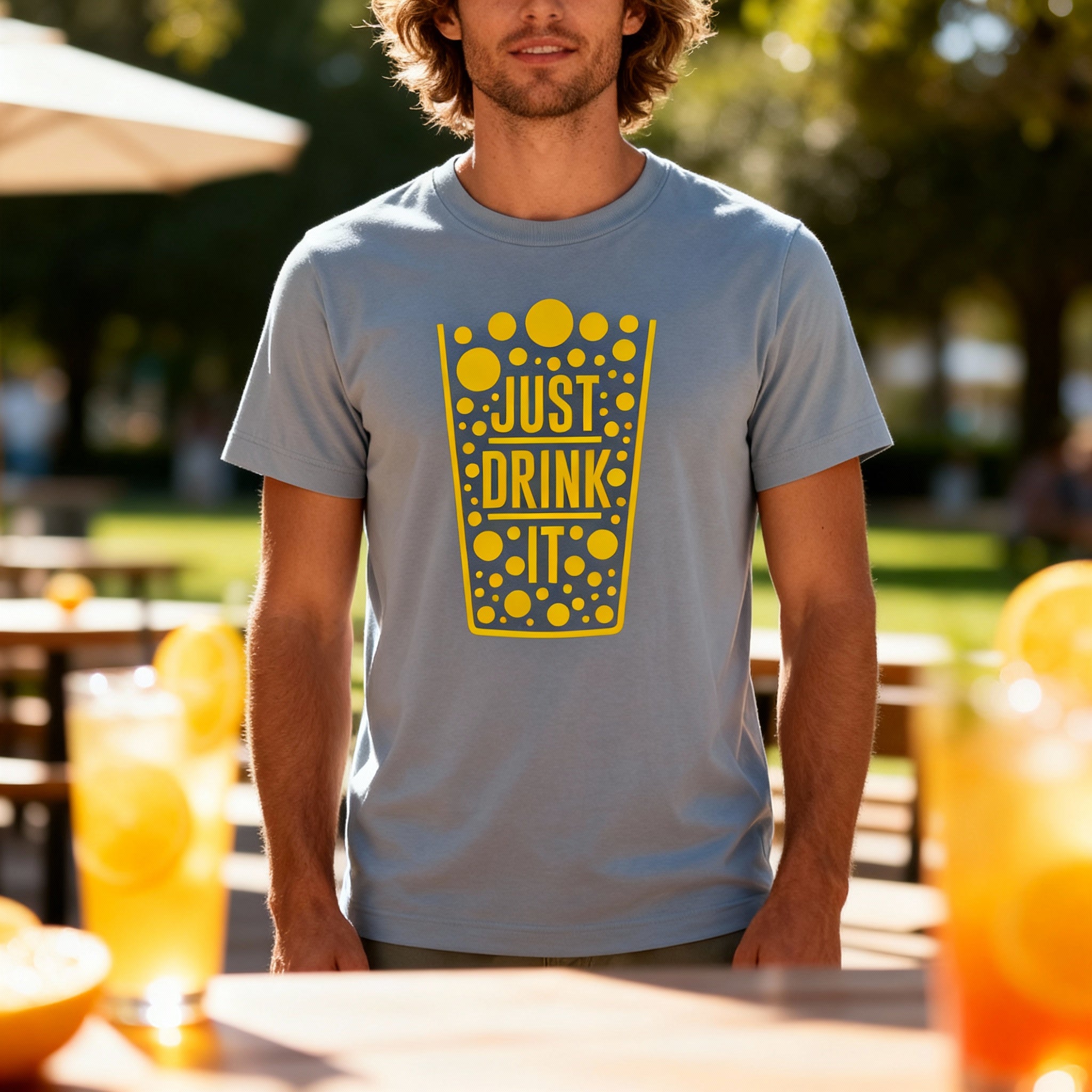 Just Drink It Beer Glass Graphic Tee With Dotted Pattern For Unisex Adults Casual Wear