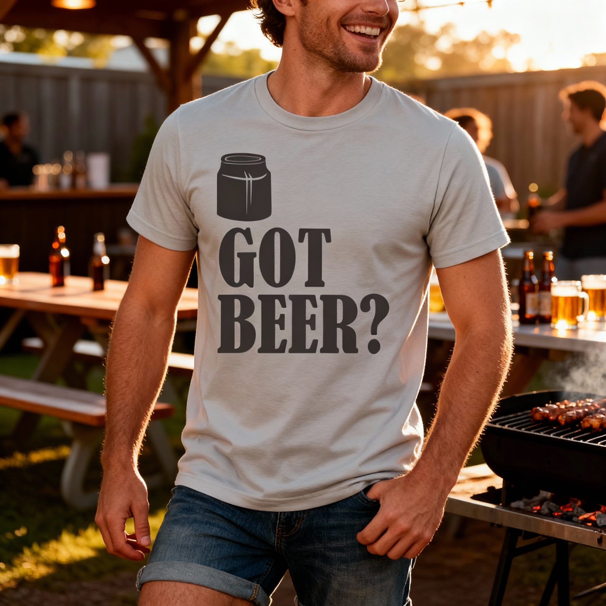 Unisex Short Sleeve T Shirt With Beer Can Graphic And Got Beer Phrase Print Design